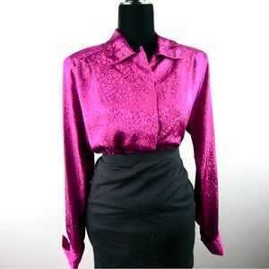 Fields Choice Vintage Fuchsia Pink Geometric Print Long Sleeve Blouse